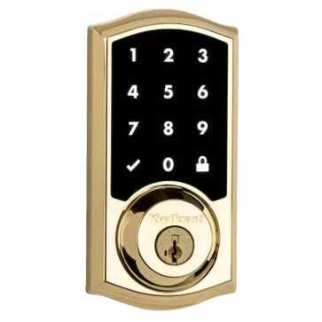 Kwikset luxury number keypad smart lock in brass to help protect home from Safelink Security Systems OKC & Edmond.